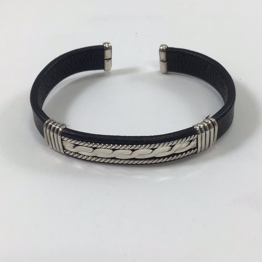 Silver and leather cuff bracelet